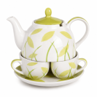 6-delige theeset met filter Natuur met witte theepot, groene bladprint, twee kopjes en schotel op witte achtergrond.