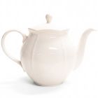 Close-up van de witte Noor Classic theepot met bol design en sierlijk deksel.