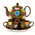 Zesdelige bruine keramische theeset Dottie met theepot, kopjes, schotel en kleurrijk cirkelpatroon.