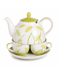 6-delige theeset met filter Natuur met witte theepot, groene bladprint, twee kopjes en schotel op witte achtergrond.