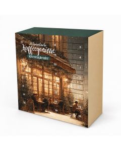 Koffie adventskalender met 24 vakjes en winterse afbeelding van een sfeervol café.