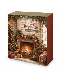 Thee adventskalender met 24 vakjes, kerstboom, open haard en feestelijke kerstdecoratie.