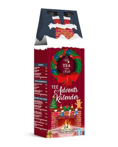 Adventskalender Chimney Classic voorkant – rode theekalender met kerstkrans en schoorsteen design