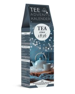 Adventskalender Pure Christmas met 24 theesoorten in piramidezakjes, luxe verpakking met winterdesign.