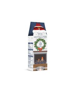 Adventskalender met 24 theesoorten in piramidezakjes met haard en kerstkrans op de verpakking