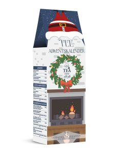 Adventskalender met 24 theesoorten in piramidezakjes met haard en kerstkrans op de verpakking