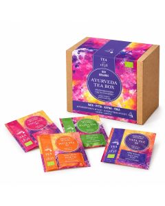 Bio Organic Ayurveda Tea Box met 28 theezakjes in de varianten Vata, Pitta, Kapha en Yoga.