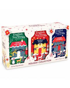 English Tea Shop Holiday Collection in witte geschenkverpakking met 60 theezakjes in de smaken Vanilla Earl Grey, Holiday Boost en Ginger Cranberry.