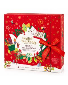 Rode English Tea Shop Advent Tea Calendar in boekvorm met feestelijke illustraties en rode strik.