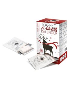 Café Cult koffie adventskalender met rendiermotief geopend met zicht op de drip coffee bags