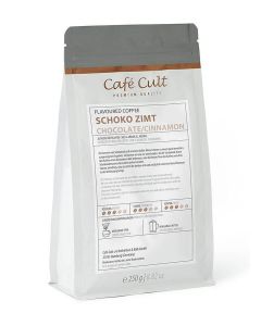 Verpakking Café Cult Schoko Zimt koffie van 250 gram op een witte achtergrond.