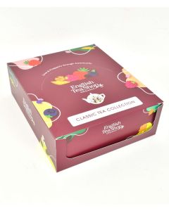 Zijaanzicht van de English Tea Shop Classic Tea Collection met 30 biologische piramide theezakjes in kleurrijke verpakking"