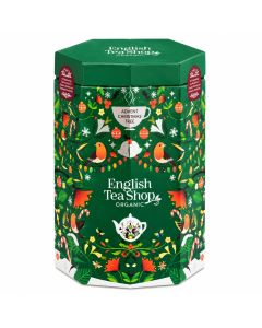 Groene English Tea Shop Advent Christmas Tree adventskalender met feestelijke illustraties op witte achtergrond.