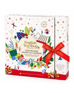 Witte English Tea Shop Organic adventskalender in bookstyle-uitvoering, gesloten en versierd met winterse illustraties en een rode strik.
