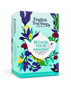 English Tea Shop Organic Because You're Amazing met 20 biologische theezakjes in een turquoise geschenkverpakking met paarse, groene en rode bloemen en een witte theepotillustratie.