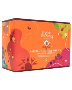 Zijaanzicht van de kleurrijke cafeïnevrije theebox van English Tea Shop met illustraties van vruchten en kruiden.