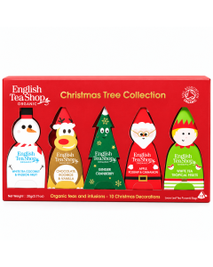 English Tea Shop Christmas Tree Collection met vijf verschillende kerstfiguren in een rode geschenkdoos, gevuld met biologische thee en voorzien van gouden ophangkoordjes.