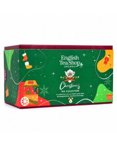 Groene English Tea Shop Christmas Tree Collection geschenkdoos met 6 piramide-theezakjes en kleurrijke kerstillustraties.