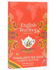 Vooraanzicht van de English Tea Shop Traveller’s Tea Note - Classical Selection, een rode theedoos in boekvorm met 8 klassieke biologische theezakjes.