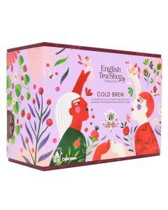 Kleurrijke verpakking van de English Tea Shop Cold Brew Selection met 12 biologische theemelanges in piramidezakjes, ontworpen voor koud zetten.