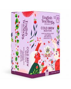English Tea Shop Organic Cold Brew Selection met 20 biologische theezakjes in een lichtpaarse verpakking met kleurrijke bloemen, fruitillustraties en vier theesmaken voor koude thee.