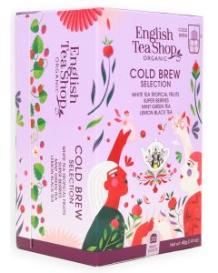 Zijaanzicht van de kleurrijke Cold Brew Selection van English Tea Shop met illustraties van fruit en planten.