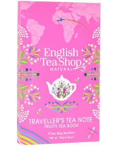3D-weergave van English Tea Shop Fruity Tea Book in roze doos met kleurrijke botanische illustraties.