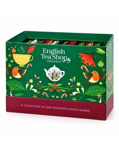 Groene English Tea Shop Organic mini adventskalender met kerstillustraties, vogels en een assortiment kleurrijke theezakjes.