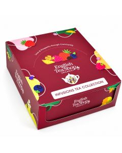 Bordeauxrode English Tea Shop Organic Infusions Tea Collection geschenkdoos, liggend gefotografeerd, met kleurrijke illustraties van aardbeien, frambozen, blauwe bessen en citrusvruchten.