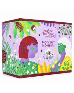 English Tea Shop Organic Motherly Moments theedoos met 12 piramidezakjes, in een lila verpakking met kleurrijke bloemen, groene bladeren en illustraties van twee vrouwen.