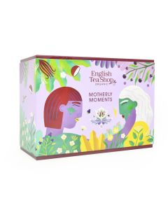 De voorkant van de English Tea Shop Motherly Moments theeverpakking met illustraties van moeder en kind.