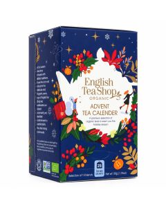 Blauwe English Tea Shop Organic Advent Tea Calendar met kleurrijke winterillustraties, 25 biologische theezakjes en 13 verschillende theesmaken, gefotografeerd tegen een witte achtergrond.