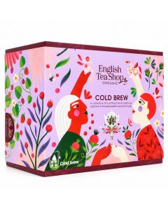 English Tea Shop Organic Cold Brew geschenkdoos met 12 piramidezakjes, in een lila en roze verpakking met kleurrijke bloemen, fruitillustraties en twee personen.