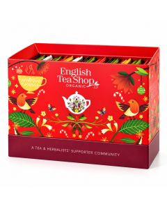 Rode English Tea Shop Organic mini adventskalender met feestelijke illustraties van vogels, kerstversiering en kleurrijke theezakjes.