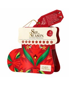 English Tea Shop Santa’s Stocking Red kerstgeschenk in de vorm van een rode kerstsok met 8 biologische theezakjes in 4 feestelijke smaken.