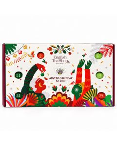Witte English Tea Shop Advent Calendar Tea Chest met kleurrijke kerstillustraties en genummerde vakjes.