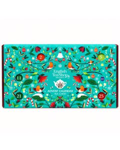 English Tea Shop Advent Calendar Tea Chest met roodborstjes, kersttakken, zuurstokken en genummerde adventsvakjes.