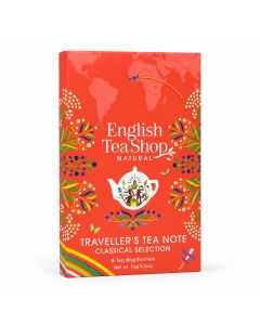 English Tea Shop Traveller’s Tea Note Classical Selection met 8 theezakjes in een rood boekvormig cadeaudoosje, versierd met bloemen, een wereldkaart en een witte theepot.
