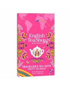 English Tea Shop Traveller’s Tea Note Fruity Tea Book met 8 theezakjes in een felroze boekvormige cadeauverpakking met kleurrijke bloemen, wereldkaart en witte theepot.