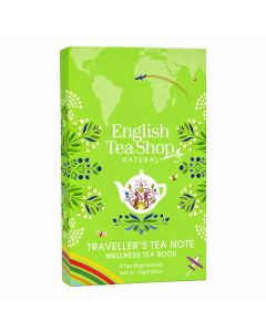 English Tea Shop Traveller’s Tea Note Wellness Tea Book met 8 theezakjes in een felgroene boekvormige verpakking met bloemen, bladeren, wereldkaart en kleurrijke details.