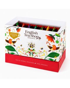 Witte English Tea Shop Organic mini adventskalender met bloemen, vogels en verschillende kleurrijke theezakjes.
