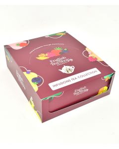 Bovenaanzicht van de gesloten doos Infusions Tea Collection van English Tea Shop met fruitige illustraties op de verpakking.