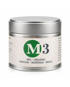 Zilverkleurig blik M3 Bio Organic met biologische Japanse matcha, moringa en maca, voorzien van een crèmekleurig etiket met groen M3-logo.