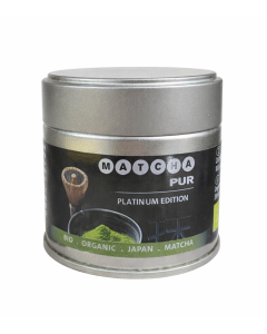 Japanse matcha thee Pur Platinum Edition in metalen blik, biologische matchapoeder uit Japan.