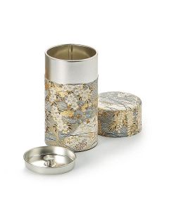 Bewaarblik Kyoko van tin met binnendeksel, omwikkeld met blauw-gouden Washi-papier.