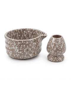 Bruin-witte keramische matcha set met matchakom en gardehouder