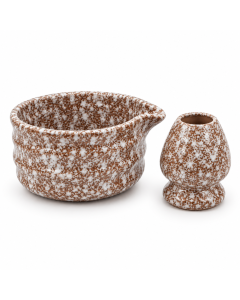 Bruin-witte keramische matcha set met matchakom en gardehouder