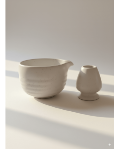 Handgemaakte witte matcha set Haku van keramiek met kom en houder