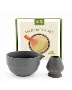 Matcha set met grijze matcha kom en gardehouder in geschenkverpakking