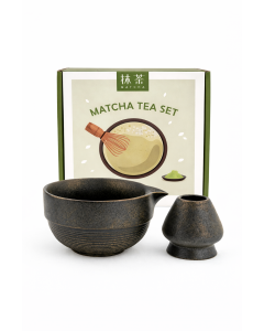 Matcha set met zwart-gouden matcha kom en gardehouder in geschenkverpakking